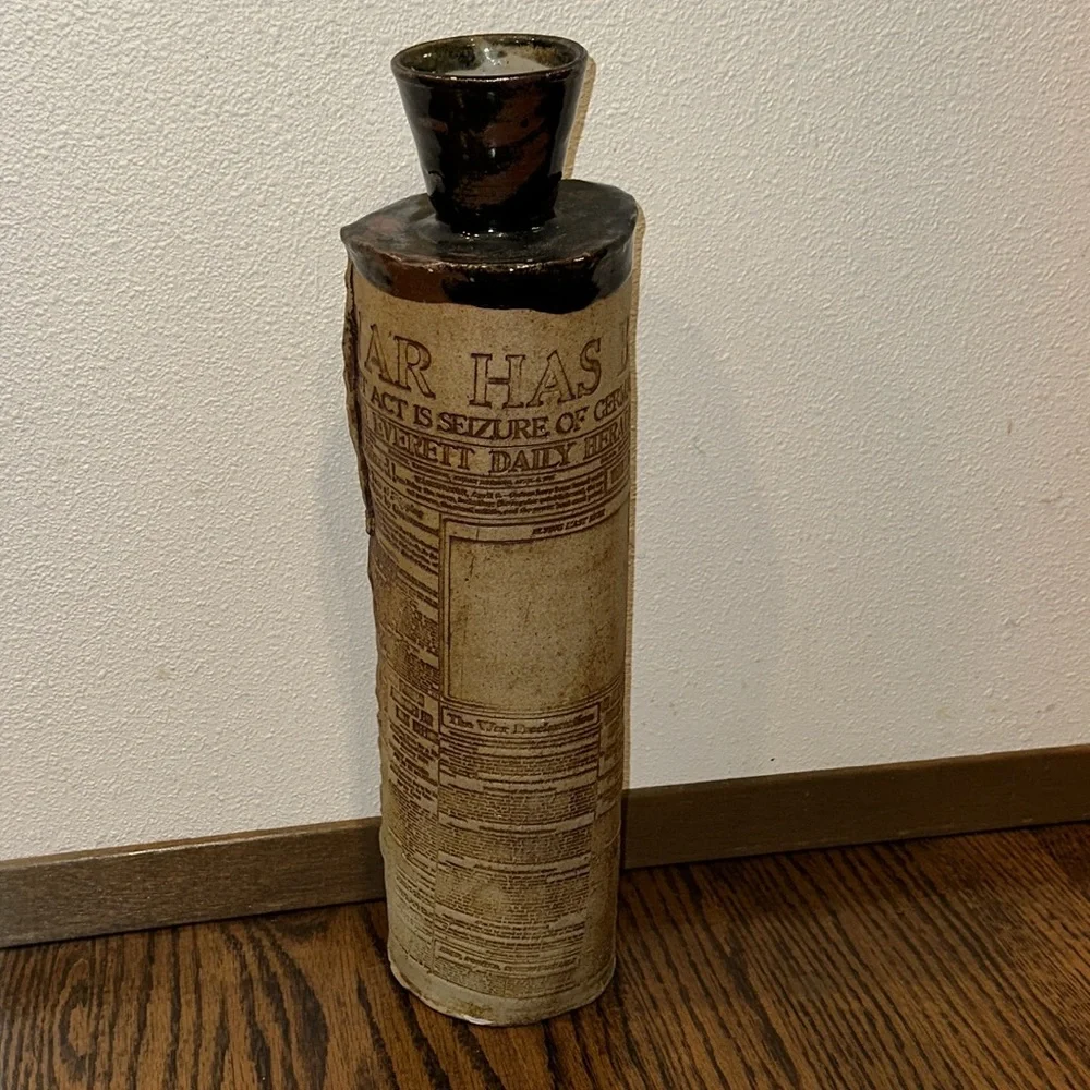 Signed Studio Art Pottery Vase Newspaper Print 16”